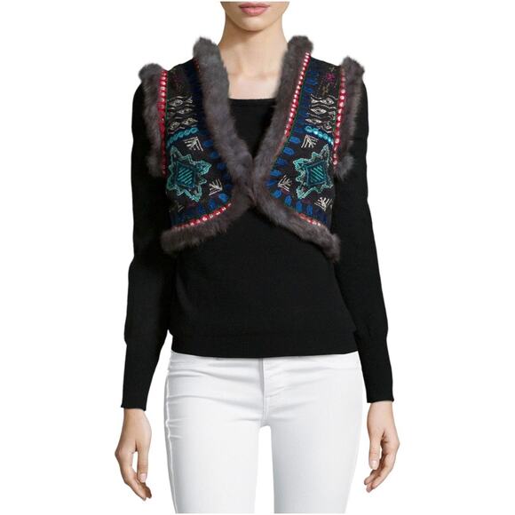 Christophe Sauvat Embroidered Vest Large Rabbit Fur Trim Boho Luxe Brown Blue - Picture 10 of 10